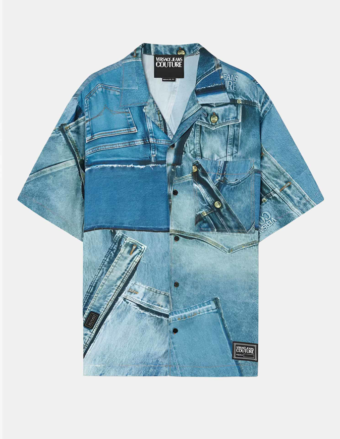 Picture of Versace Patch Denim Print Short Sleeve Shirt