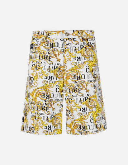 Picture of Versace White Logo Baroque Denim Shorts