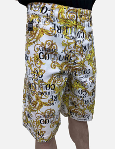 Picture of Versace White Logo Baroque Denim Shorts