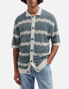 Picture of Dstrezzed Teal Knit Strip Short Sleeve Shirt