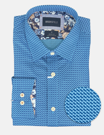 Picture of Brooksfield Aqua Retro Print Premium Cotton Slim Shirt