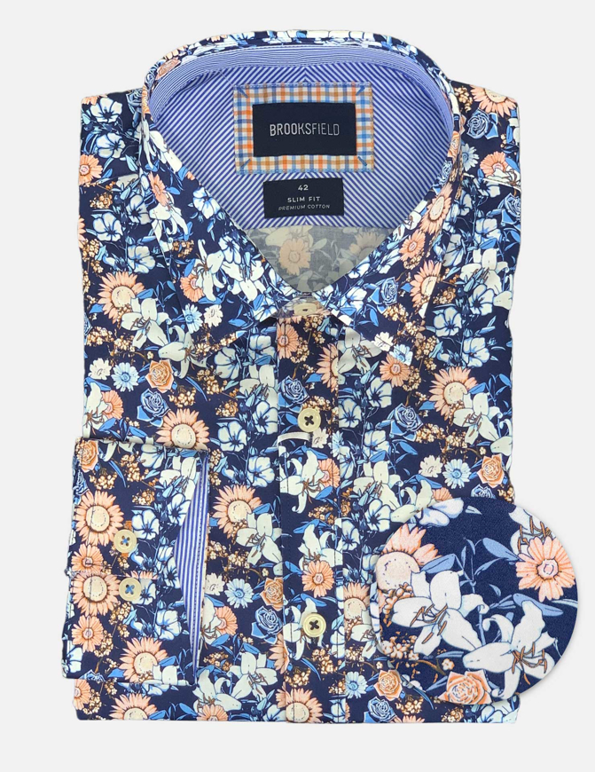 Picture of Brooksfield Navy Floral Print Premium Cotton Slim Shirt